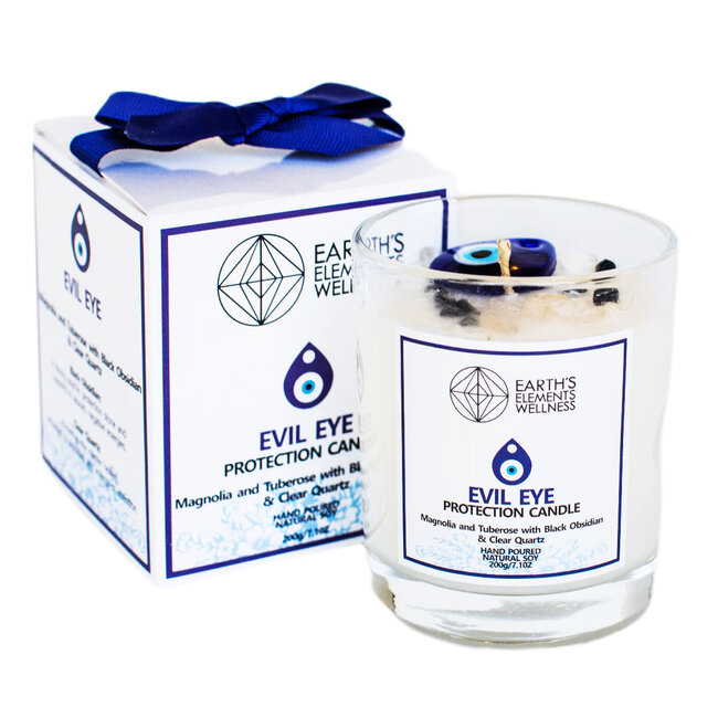 Evil Eye Protection Crystal Candle - Black Obsidian Clear Quartz - Magnolia Tuberose - Earth's Elements