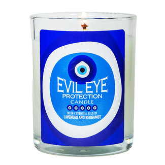Evil Eye Candle - Glass Jar Black Obsidian Clear Quartz & Lapis Lazuli - Protection with Lavender & Bergamot 10oz