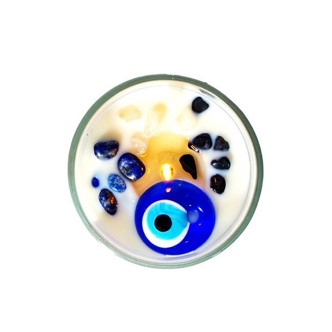 Evil Eye Candle - Glass Jar Black Obsidian Clear Quartz & Lapis Lazuli - Protection with Lavender & Bergamot 10oz