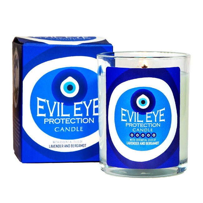 Evil Eye Candle - Glass Jar Black Obsidian Clear Quartz & Lapis Lazuli - Protection with Lavender & Bergamot 10oz