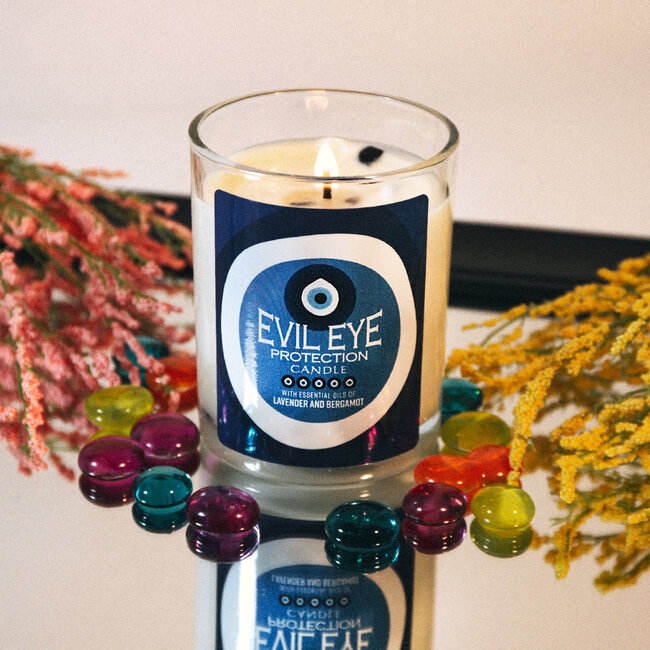 Evil Eye Candle - Glass Jar Black Obsidian Clear Quartz & Lapis Lazuli - Protection with Lavender & Bergamot 10oz