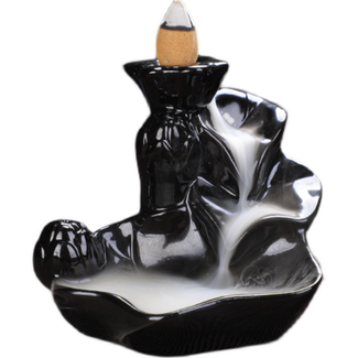 Backflow Reverse Flow Incense Cone & Stick Burner (Flower Cascade) Black Ceramic