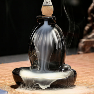 Backflow Reverse Flow Incense Cone Burner - (Serenity) Waterfall Black Ceramic