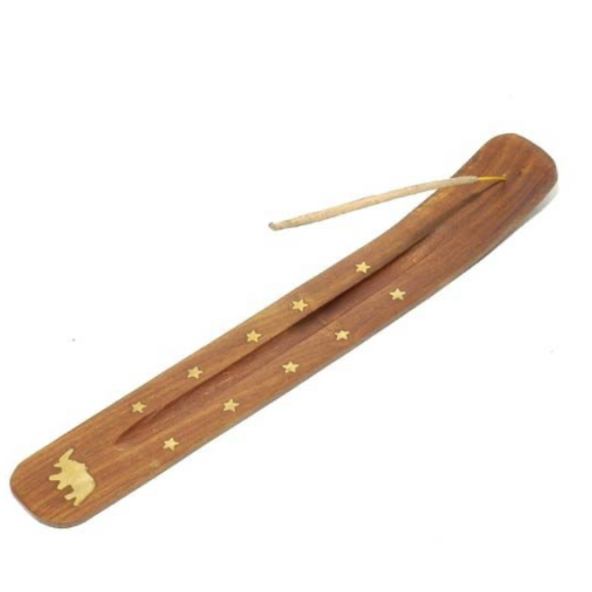 Incense Stick Burner Sled Wood Holder Boat Carved Canoe - Elephant & Stars