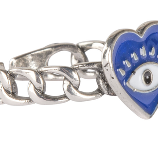 Evil Eye Heart Ring - Blue Adjustable Silver Plated - Chain Band