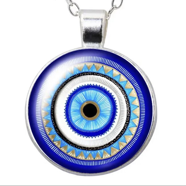 Evil Eye Necklace - Decorative Blue Simple 24" Silver Plated - Round Glass