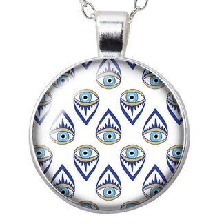 Evil Eye Necklace - Multi Eye Blue Simple 24" Silver Plated - Round Glass