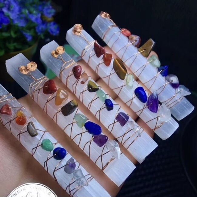 Selenite (Satin Spar Gypsum) & Chakra Stones Copper Wire Wrapped 3" Stick