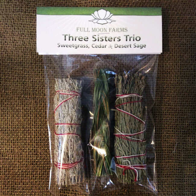 Three Sisters Trio – Sweetgrass, Cedar & Desert Sage Smudge Stick - Full Moon Farms