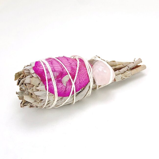 White Sage & Rose Petals with Rose Quartz Smudge Torch Stick- 3-4"