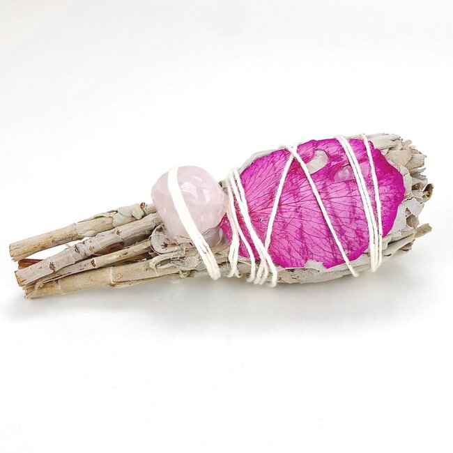 White Sage & Rose Petals with Rose Quartz Smudge Torch Stick- 3-4"