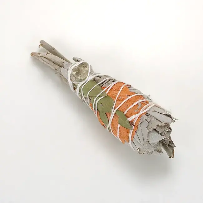 White Sage Rose Petals Morton Leaves & Citrine Smudge Torch Stick - 3"
