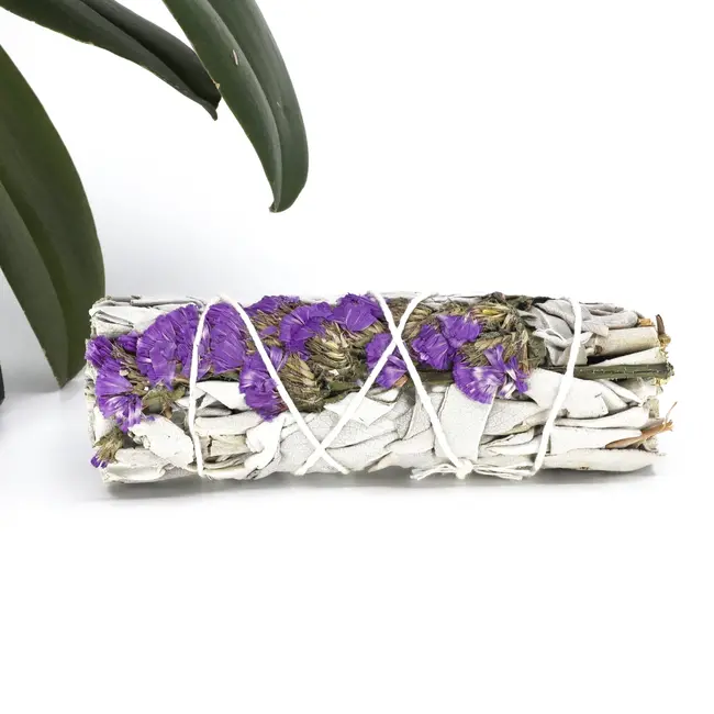 White Sage & Purple Flower Floral Bundle Smudge Stick  - 4"