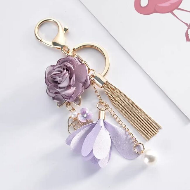 Keychain Key Ring - Light Purple Lilac Chiffon Rose Pearls Gold Tassle Charm