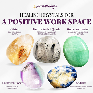 Positive Work Space - Crystal Kits Set Bundle Pack - Citrine Tourmalated Quartz Green Aventurine Rainbow Fluorite Sodalite