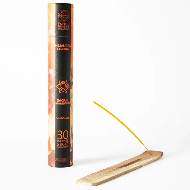 Sacral Chakra Incense Sticks Set Kit - Sandalwood - 30 Sticks & Sled Holder Burner - Earth's Elements