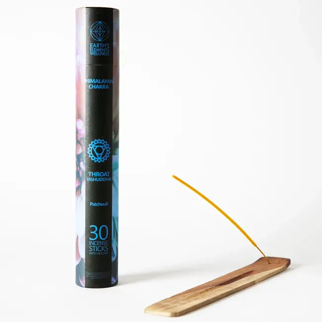 Throat Chakra Incense Sticks Set Kit - Patchouli - 30 Sticks & Sled Holder Burner - Earth's Elements