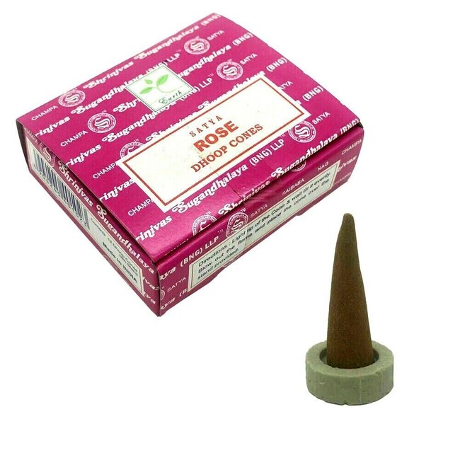 Fresh Rose Incense (Dhoop) Cones - 12 Cones in Box - Satya