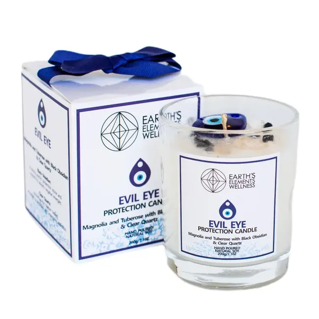 Evil Eye Protection Crystal Candle - Black Obsidian Clear Quartz - Magnolia Tuberose - Earth's Element