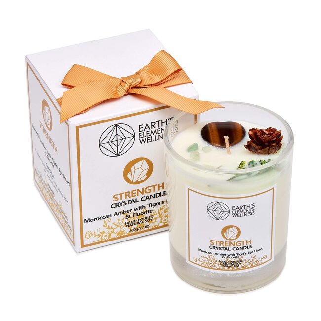 Strength Crystal Candle - Amber Scent- Gold Tigers Eye Fluorite - Earth's Element