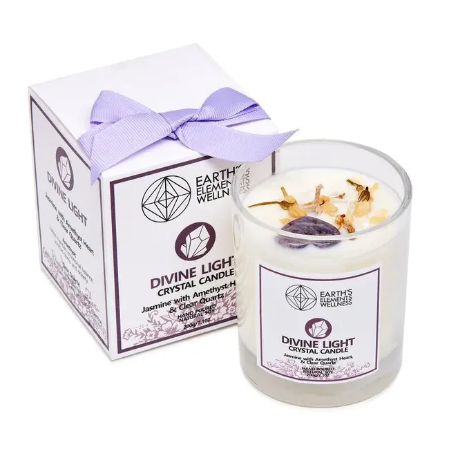 Divine Light Crystal Candle - Jasmine - Amethyst Heart Clear Quartz - Earth's Element