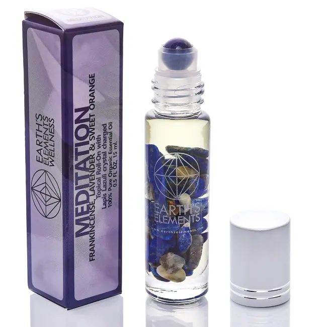 Organic Essential Oil Roller/Roll On-Meditation (Frankincense, Lavender & Orange) Lapis Lazuli  .5oz-Earth's Elements