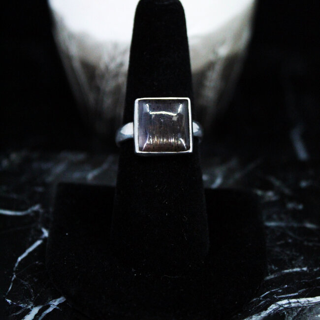 Black Sunstone Ring - Size 8 Square Bezel Set - Sterling Silver