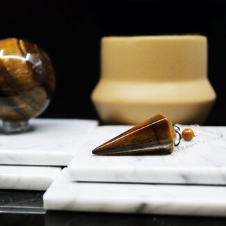 Gold Tigers Eye Pendulum-Dowsing Hexagonal Faceted Cone Point Divination-Silver Chain-Crystal Gemstone