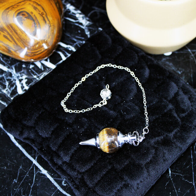 Gold Tigers Eye Pendulums - Round Sephoroton Dowsing Divination Silver Chain - Gemstone Crystal
