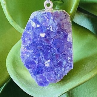 Amethyst Druzy Pendant- Silver Plated Rough Raw Natural