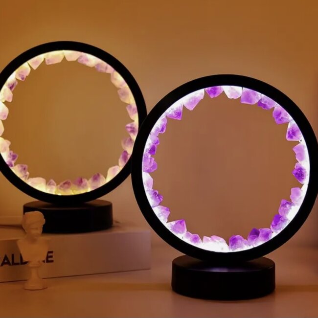 Amethyst Crystal Lamp - Round Circle LED USB Home Decor Room  - Rough Raw Natural Night Light
