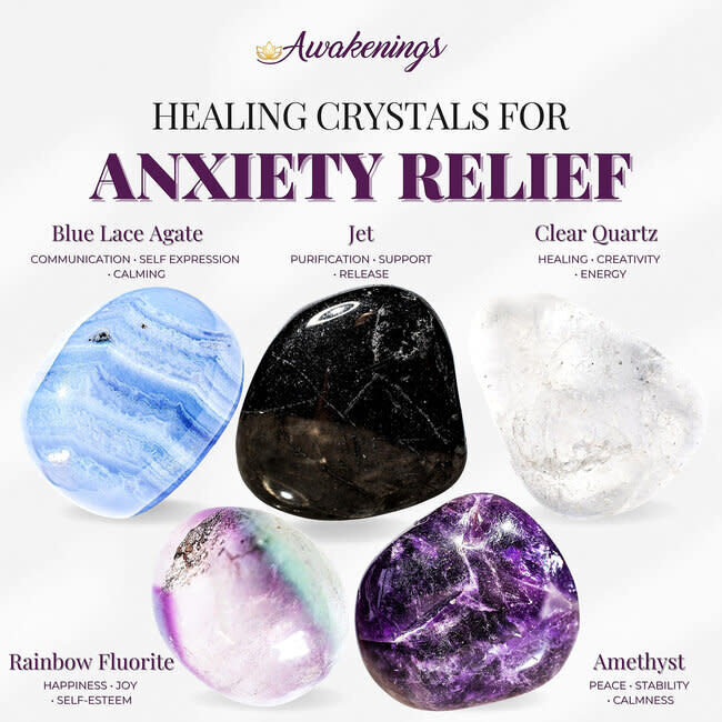 Anxiety Relief - Crystal Kits Set Bundle Pack - Blue Lace Agate Jet Clear Quartz Rainbow Fluorite Amethyst