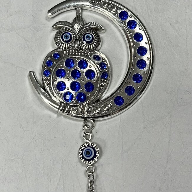 Evil Eye Wall Hanging Decor - Blue Owl Crescent Moon - 10" Silver