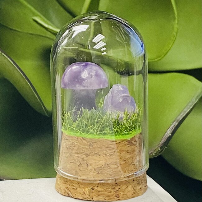 Lepidolite Mushroom & Amethyst Flower Home Decor Fairy Dome Cork Bottle Glass 2.5"