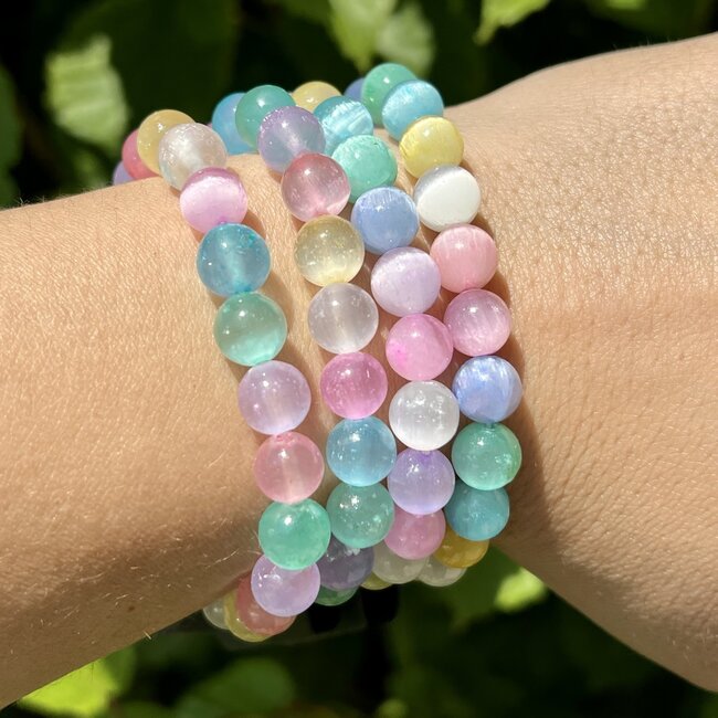 Selenite (Satin Spar Gypsum) Bracelets Pastel Rainbow Multi - Colored - 8-9mm