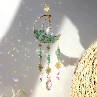 Prism Suncatcher Sun Catcher (Green Aventurine-Small) Crescent Moon-Window Mirror Crystal-Faceted Point Gold