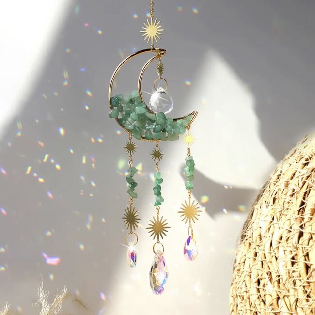 Prism Suncatcher Sun Catcher (Green Aventurine-Small) Crescent Moon-Window Mirror Crystal-Faceted Point Gold