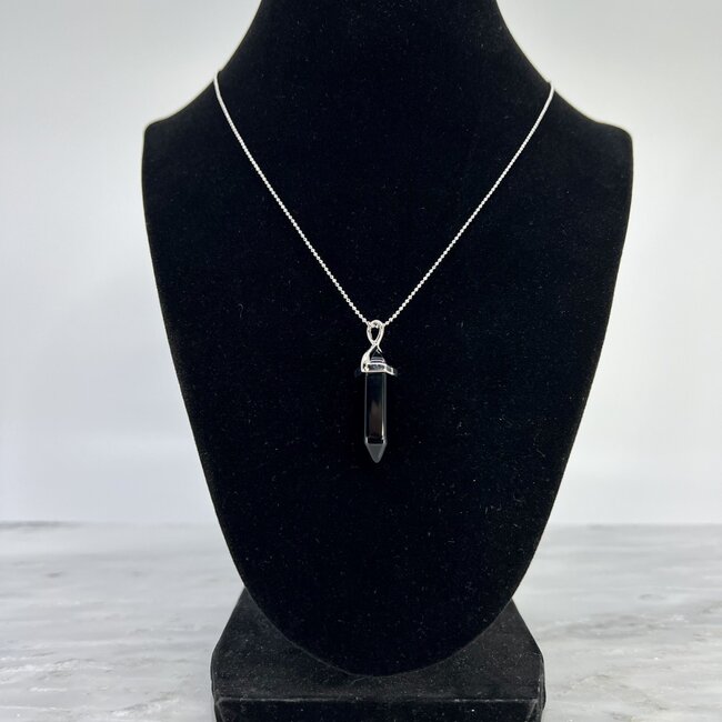 Black Onyx Necklaces - Point on Bead Chain 18" Silver Plated