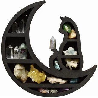 Crescent Moon (Black) w/ Sitting Cat Hanging Shelf - Crystal Storage Home Decor - 12" Height