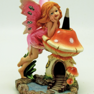 Fairy Leaning on Mushroom House w/ Creek Backflow (Back Flow) Incense Burner - Multi Colored