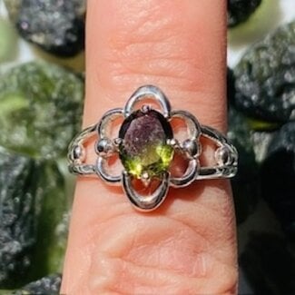 Moldavite faceted Polished Oval Ring Size 8.5