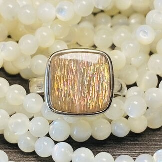 Golden Sunstone Ring - Size 7.5 Square - Sterling Silver