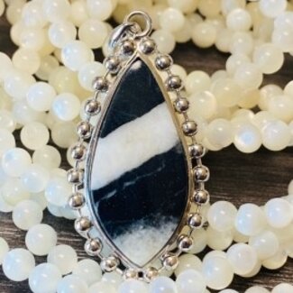 White Buffalo Pendant - Deco Marquise - Beaded Sterling Silver