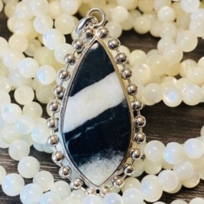 White Buffalo Pendant - Deco Marquise - Beaded Sterling Silver