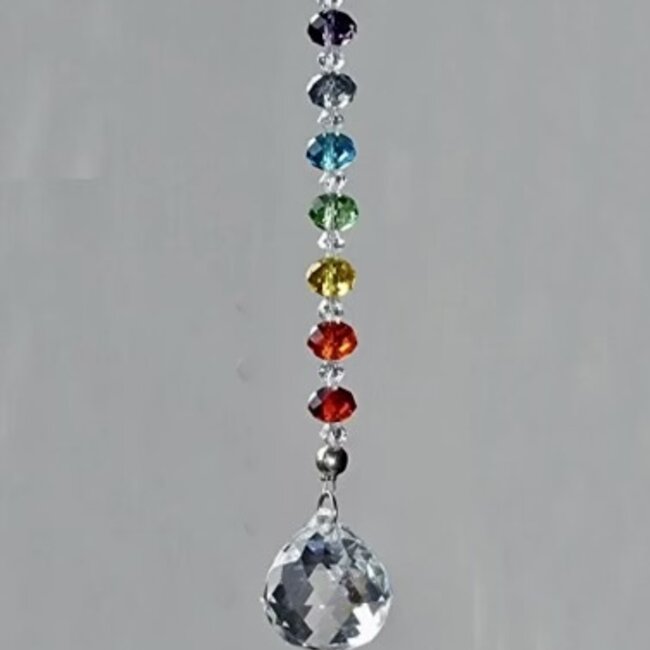 Faceted Crystal Prism with Chakra Colored Beads Suncatchers Strand - 6", 30mm Ball Mirror Window