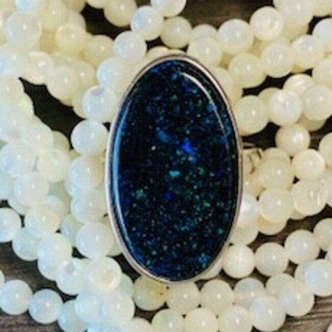 Black Opal Ring - Size 7 Oval - Bezel Set Sterling Silver