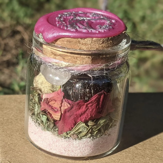 Glass Crystal & Herb Spell Intention Jar - Small 2" - Love