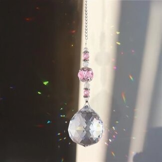 Hanging Chandelier with Pink & Clear Reflective Glass Beads on Silver Chain & Faceted Prism - 12.5", Decor, Light Catcher, Stained Glass