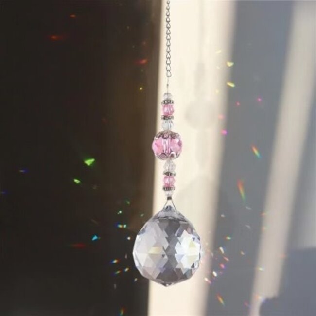 Hanging Chandelier with Pink & Clear Reflective Glass Beads on Silver Chain & Faceted Prism - 12.5", Decor, Light Catcher, Stained Glass