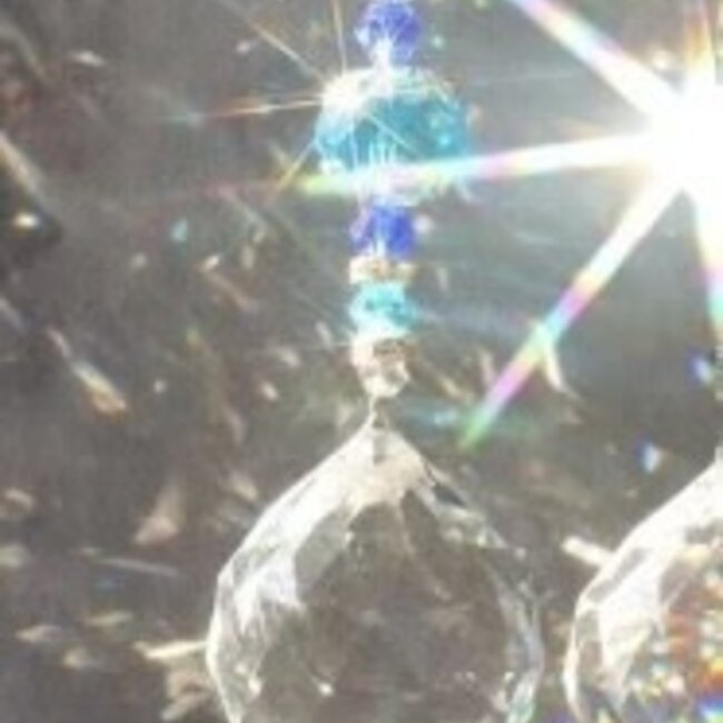 Hanging Chandelier with Blue & Clear Reflective Glass Beads on Silver Chain & Faceted Prism - 12.5", Decor, Light Catcher, Stained Glass